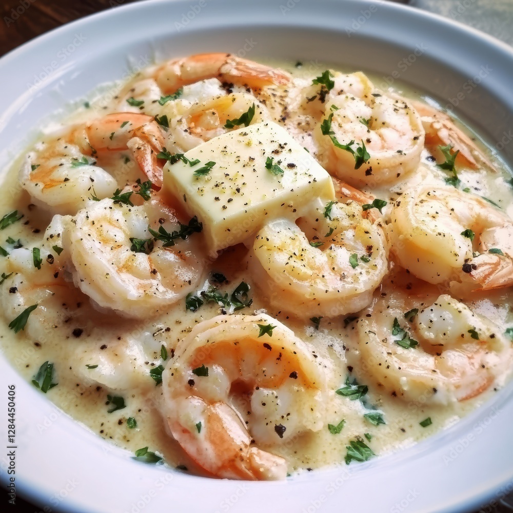 Succulent shrimp cooked in a rich, creamy sauce topped with fresh herbs and butter. The soft natural light enhances the dish’s inviting appearance, perfect for a cozy dining experience