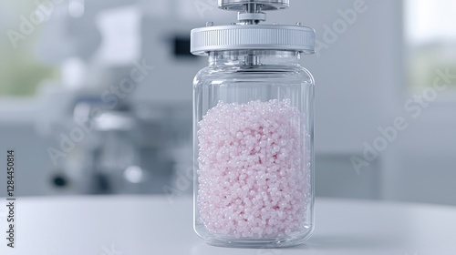 Pink polymer granules in glass jar, laboratory setting photo