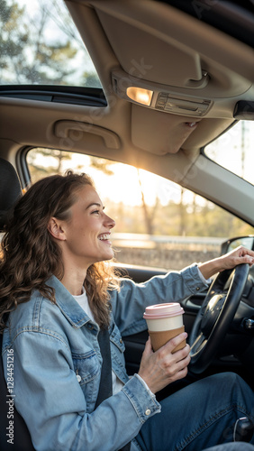 Happy young woman holding cup of coffee to go driving her car. cheerful woman driving car and drinking coffee