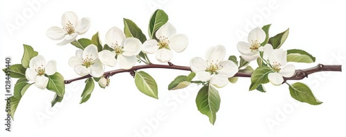 Wallpaper Mural White apple blossoms on branch with green leaves against white background Torontodigital.ca