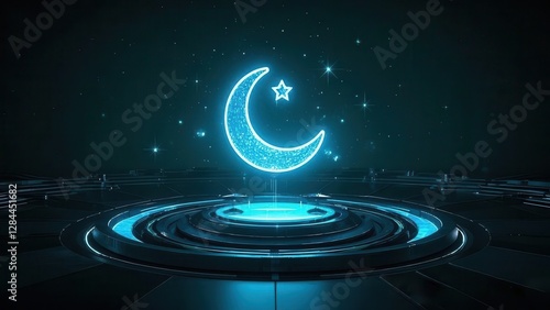 Glowing Crescent Moon and Star on Futuristic Platform - Ramadan, Islam, Eid