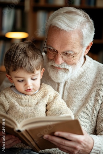 A senior man shares a heartfelt reading experience with his grandchild, highlighting timeless storytelling in a classic wooden library illuminated by soft lamplight
