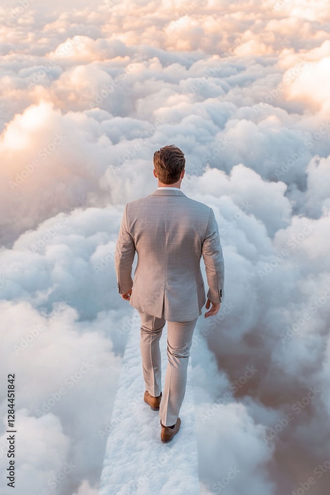 A well-dressed man confidently strides along an invisible pathway floating high above soft, fluffy clouds. The dreamy lighting enhances the surreal luxury aesthetic of the scene A well-dressed man confidently strides along an invisible pathway floating high above soft, fluffy clouds. The dreamy lighting enhances the surreal luxury aesthetic of the scene