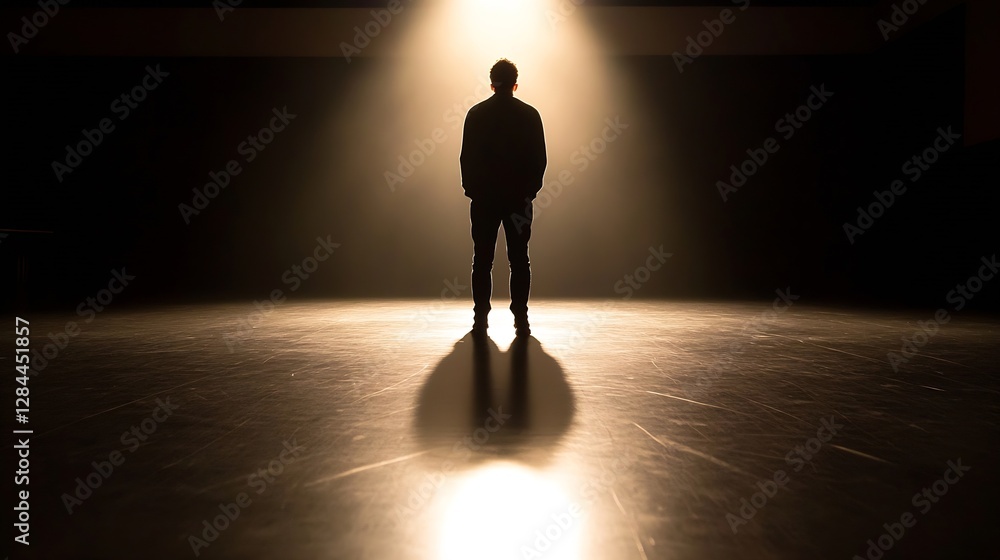 Obraz premium Silhouetted figure standing alone under dramatic lighting on an empty stage : Generative AI