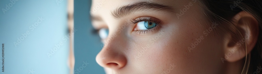 A woman gazes into a mirror, her reflection split between sharp clarity and soft blurriness. Warm golden lighting envelops her, creating a luxurious atmosphere filled with introspection A woman gazes into a mirror, her reflection split between sharp clarity and soft blurriness. Warm golden lighting envelops her, creating a luxurious atmosphere filled with introspection