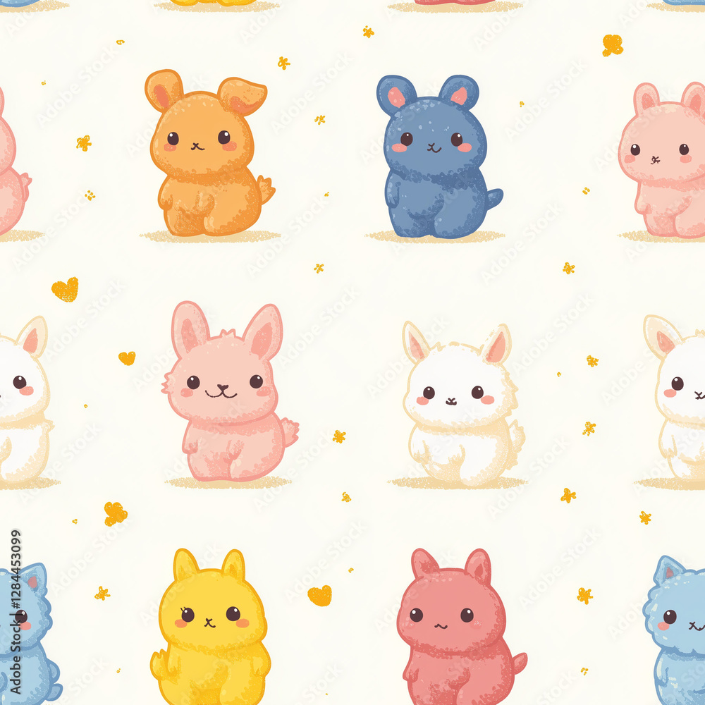 Fototapeta premium Cute pastel animal pattern featuring adorable bunnies in various colors set against a soft background