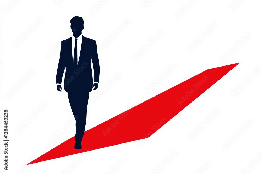 Obraz premium Man in Suit Walking Confidently on Red Arrow Symbolizing Success and Leadership