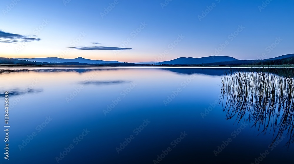 Fototapeta premium Serene lake view during dusk with beautiful reflections of mountains and sky in tranquil waters : Generative AI