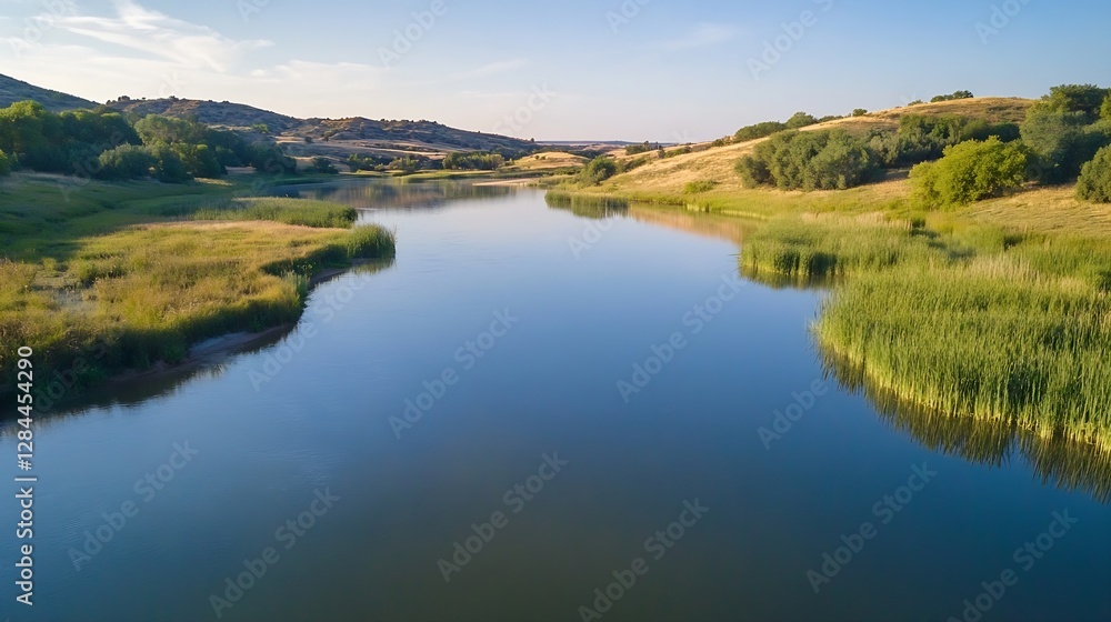 Calm River Reflecting Sky and Greenery Surrounded by Hills Under Bright Daylight : Generative AI Calm River Reflecting Sky and Greenery Surrounded by Hills Under Bright Daylight : Generative AI