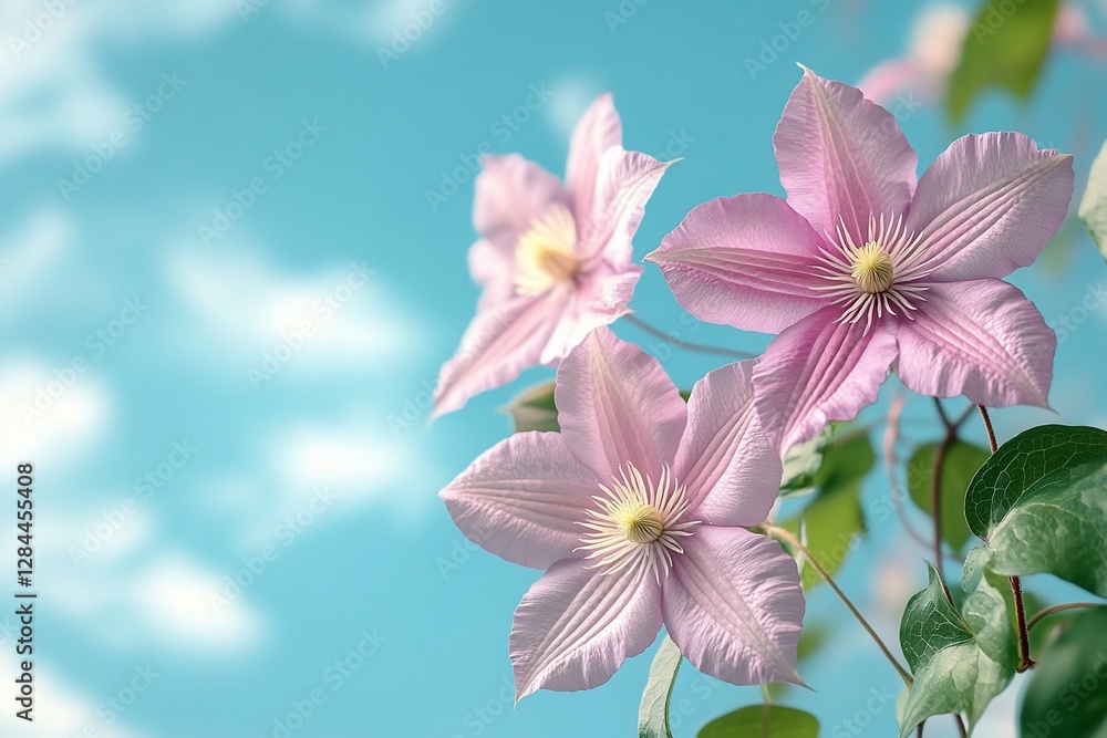 Fototapeta premium Delicate Pink Clematis Blossoms Against a Sky