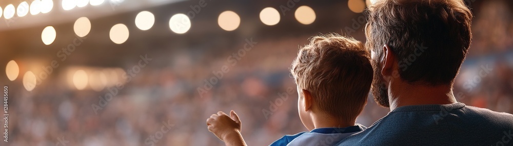 Obraz premium Two fans cheer enthusiastically in a lively football stadium, wearing matching jerseys. The warm golden-hour light enhances their excitement, creating a memorable atmosphere