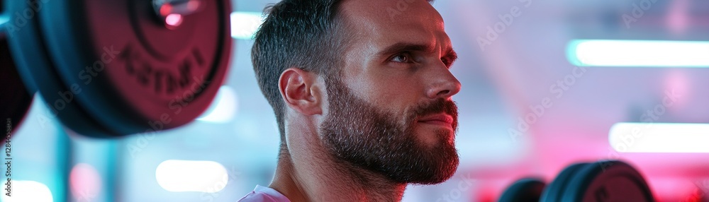 Obraz premium A fit father focuses intently as he lifts weights in a spacious high-end gym. Sleek equipment and soft neon lighting create a motivating atmosphere for his workout