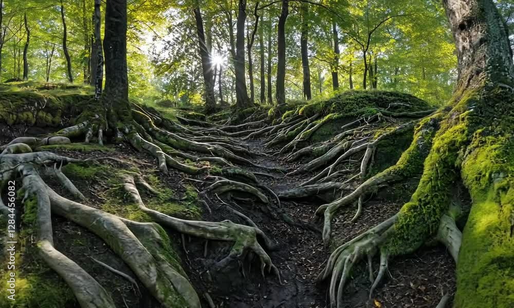Sunlit Forest Path Unveiling Exposed Tree Roots Sunlit Forest Path Unveiling Exposed Tree Roots