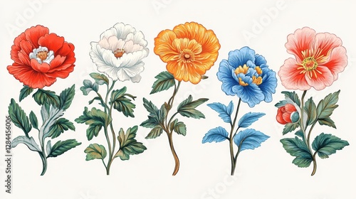 Wallpaper Mural Illustration of five colorful flowers with green leaves. Features orange, red, blue, white, and pink flowers. Detailed floral designs with vibrant colors. Spring flower illustrations, element vectors. Torontodigital.ca