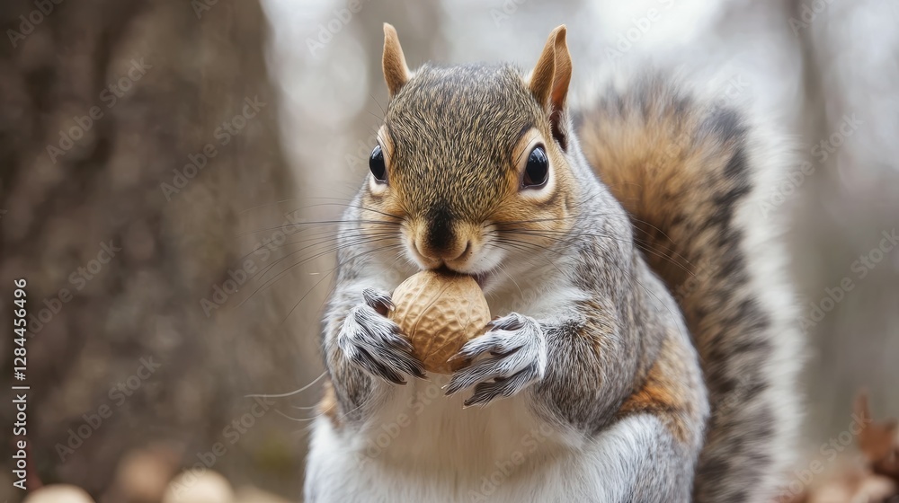 Squirrel chewing nut in natural habitat with focused expression Squirrel chewing nut in natural habitat with focused expression