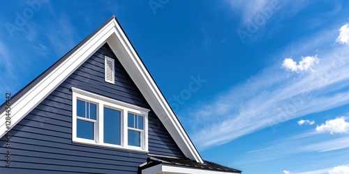 Soft slate blue vinyl siding with a bold decorative gable roof and white cornice, creating a peaceful urban escape against the serene backdrop of a light blue sky.
