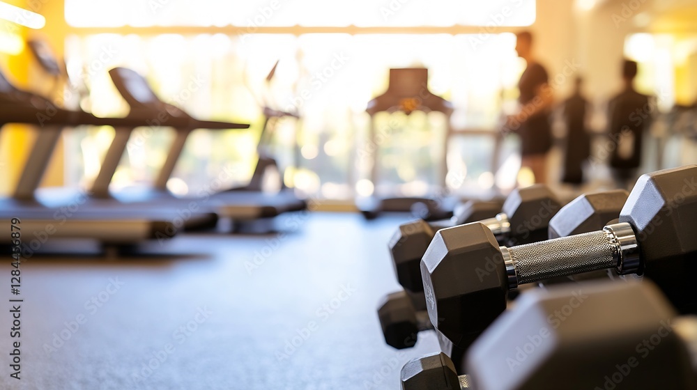 Fototapeta premium Modern gym interior featuring dumbbells and fitness equipment for strength training and workout routines : Generative AI