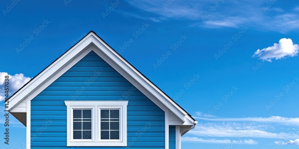 Light pastel blue horizontal siding with crisp white trim, complemented by a classic gable roof with a white cornice, against the backdrop of a calm, light blue sky Light pastel blue horizontal siding with crisp white trim, complemented by a classic gable roof with a white cornice, against the backdrop of a calm, light blue sky