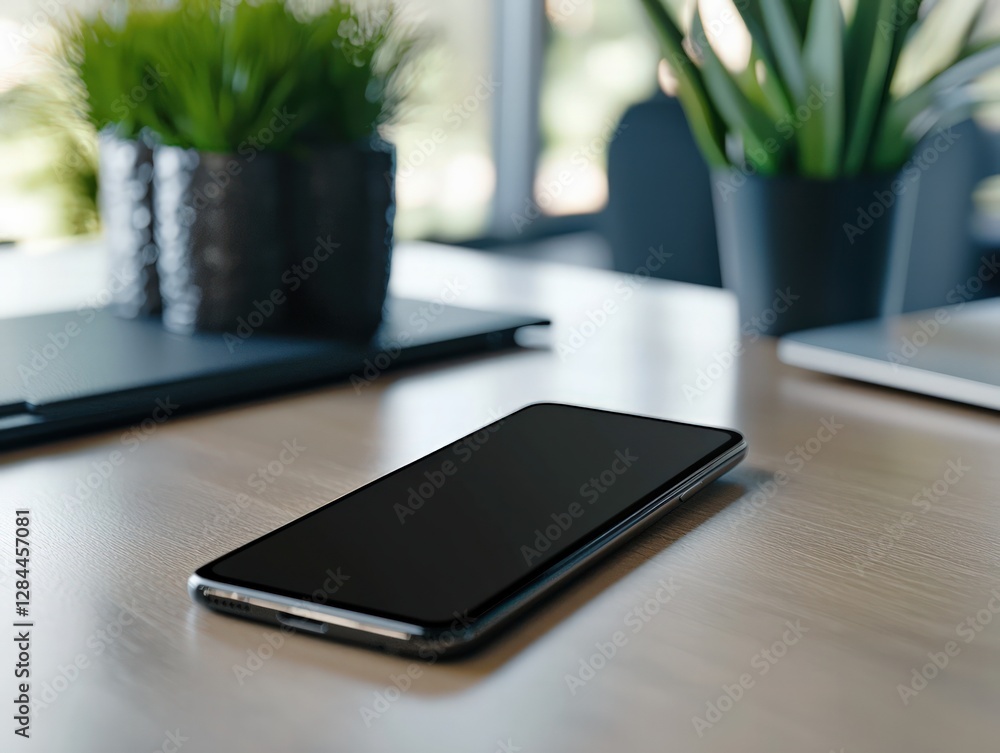 Modern Smartphone Placed on a Wooden Desk Surrounded by Green Plants in a Bright Office Environment Modern Smartphone Placed on a Wooden Desk Surrounded by Green Plants in a Bright Office Environment