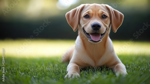 Playful puppy laying in park grass photo