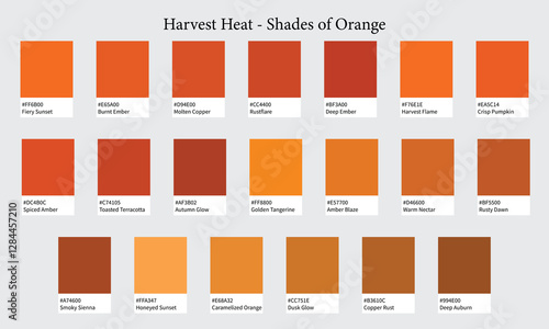 Color Palettes 20 Shades of Orange - Heat, Fire, Autumn, Sunset Colors - with HEX Codes and Names, Colour Swatches and Combinations