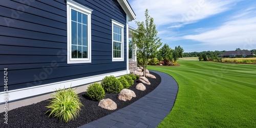 Dark navy blue vinyl siding with large windows dressed in light, breezy sheer curtains, capturing a laid-back coastal yet modern aesthetic.