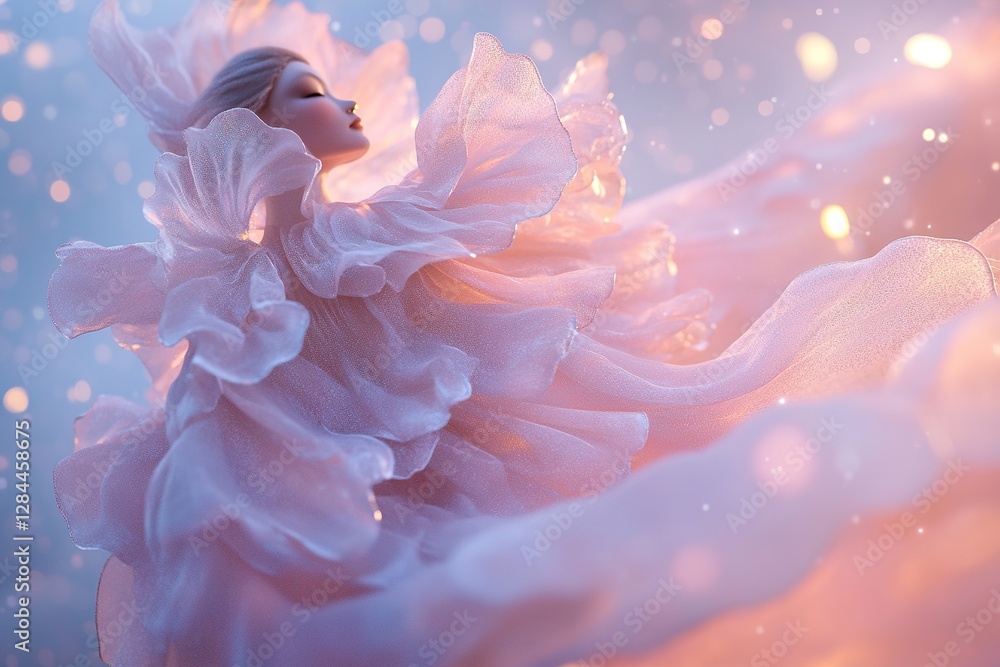 A high-fashion model floats gracefully, enveloped in a celestial flower cape of shimmering petals against a soft-focus nebula background. The luxurious fabric creates a surreal atmosphere A high-fashion model floats gracefully, enveloped in a celestial flower cape of shimmering petals against a soft-focus nebula background. The luxurious fabric creates a surreal atmosphere