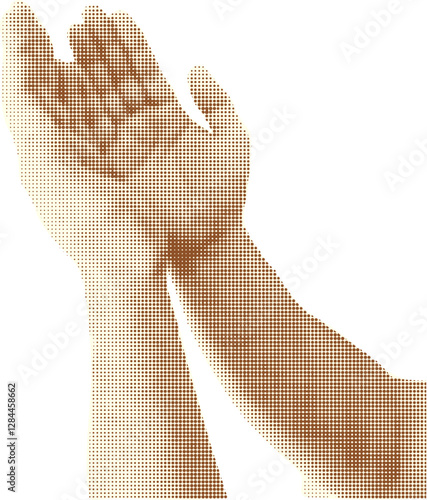 A halftone styled illustration of hands raised in dua, symbolizing prayer, spirituality, faith, devotion, hope, and sacred connection. Vector illustration