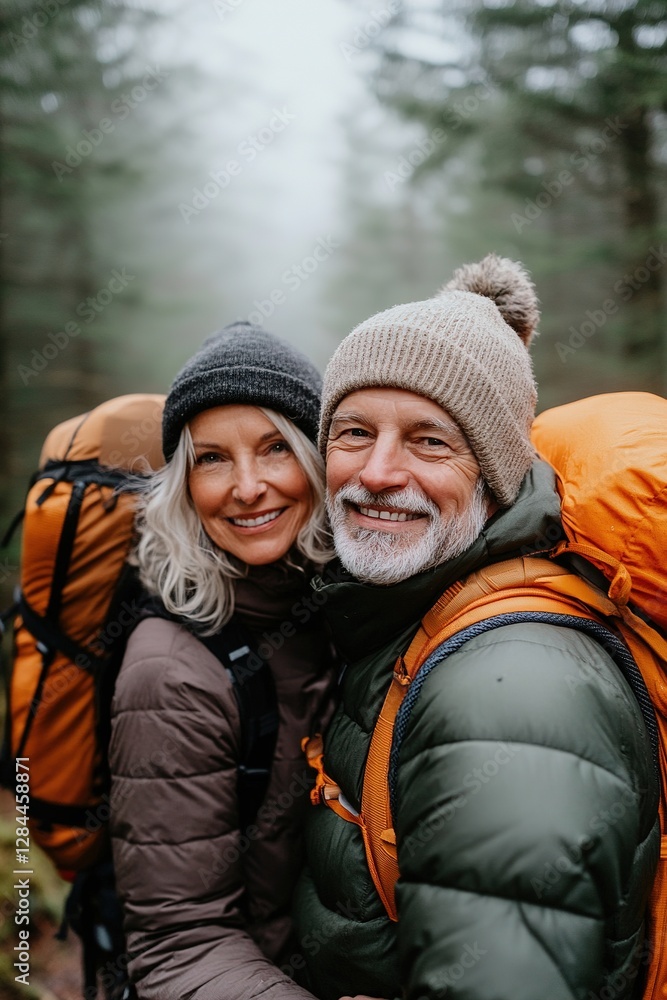 A senior couple explores a misty enchanted forest, dressed in stylish outdoor gear and sharing joyful moments. Dreamy light filters through the trees, enhancing their cinematic adventure A senior couple explores a misty enchanted forest, dressed in stylish outdoor gear and sharing joyful moments. Dreamy light filters through the trees, enhancing their cinematic adventure