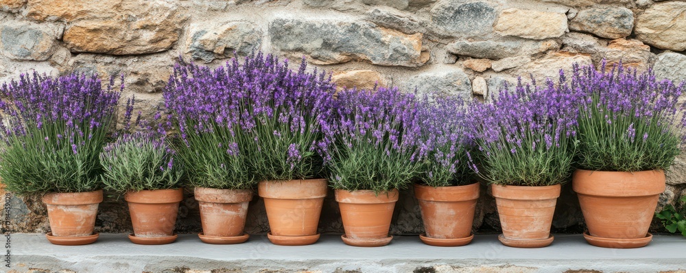 Row of potted lavender plants against rustic stone wall Row of potted lavender plants against rustic stone wall