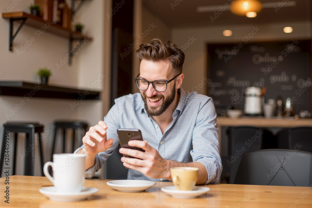 Smiling Man Enjoying Coffee While Using His Cell Phone at a Table Smiling Man Enjoying Coffee While Using His Cell Phone at a Table