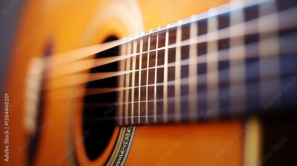 Fototapeta premium Close up view of acoustic guitar strings showcasing craftsmanship and musical elegance in a warm light : Generative AI