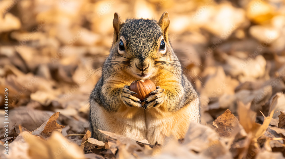 A detailed professional macro shot of a cute squirrel holding a hazelnut in its paws, surrounded by autumn leaves, showcasing wildlife, nature, and the beauty of fall. A detailed professional macro shot of a cute squirrel holding a hazelnut in its paws, surrounded by autumn leaves, showcasing wildlife, nature, and the beauty of fall.