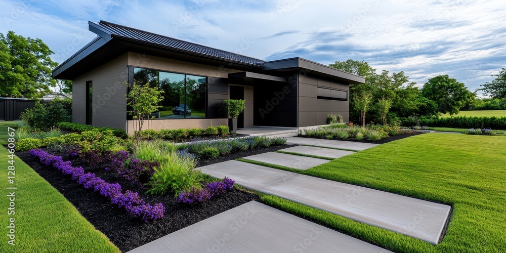 Fototapeta premium Neutral tan siding with straight parallel lines, complemented by dark gray trim and a sleek metal roof for a modern, minimalistic look