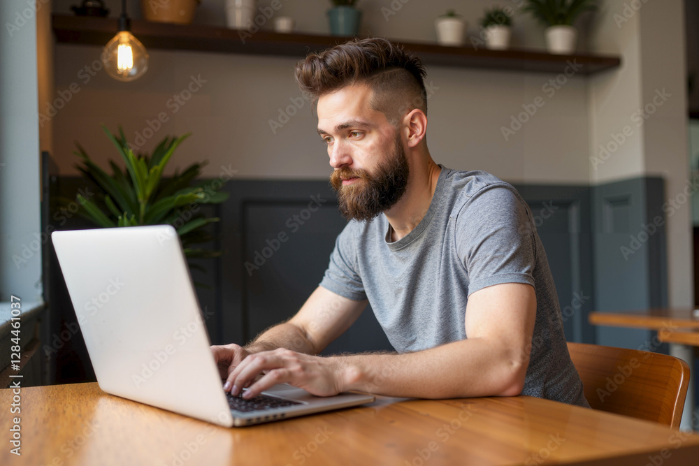 Man Working on Laptop at Table in a Casual Setting Man Working on Laptop at Table in a Casual Setting