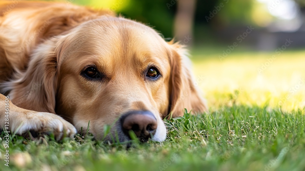 Golden Retriever Dog Relaxing on Lush Green Grass in Bright Natural Environment : Generative AI Golden Retriever Dog Relaxing on Lush Green Grass in Bright Natural Environment : Generative AI