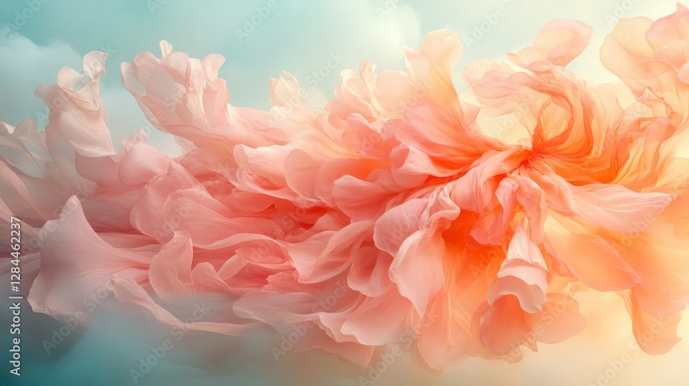 An elegant abstract image of a flowing dress made of petals, set against a serene pastel background An elegant abstract image of a flowing dress made of petals, set against a serene pastel background