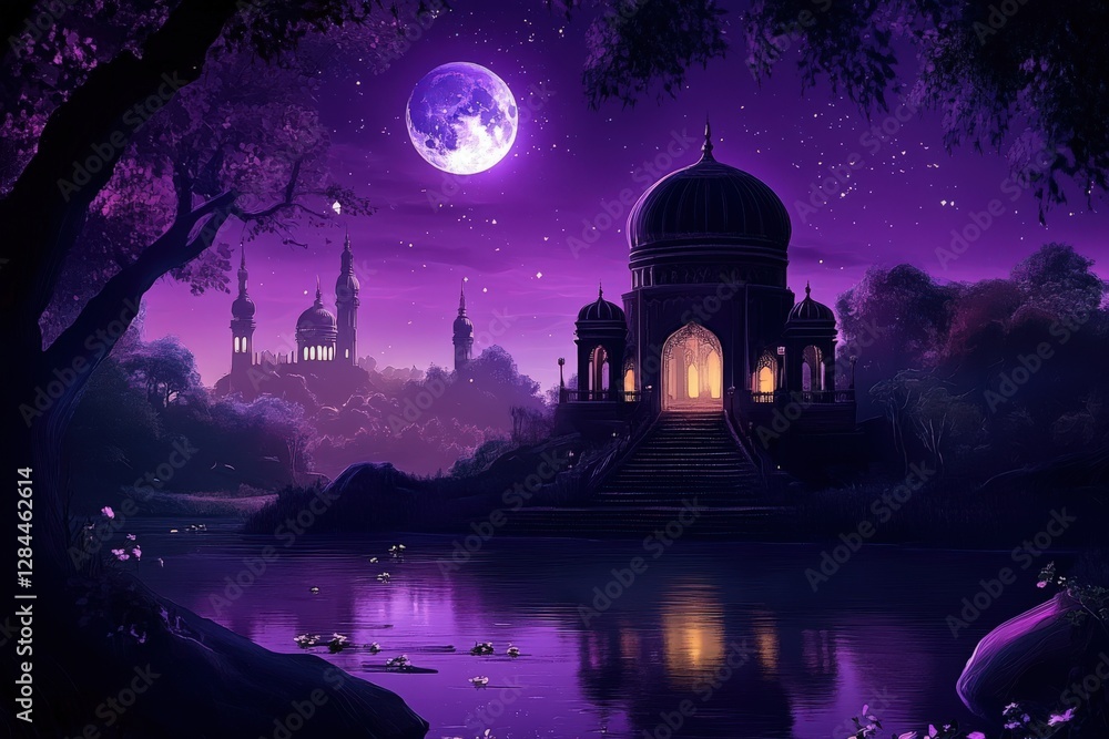Obraz premium fantasy night landscape magical purple sky full moon and stars with exotic domed pavilion near reflective water and silhouetted city skyline with glowing windows in mystical atmosphere
