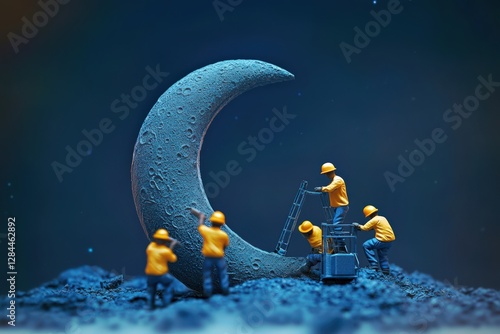 Wallpaper Mural tiny figurines in yellow hard hats crafting a giant crescent moon on a magical moonlit construction site Torontodigital.ca