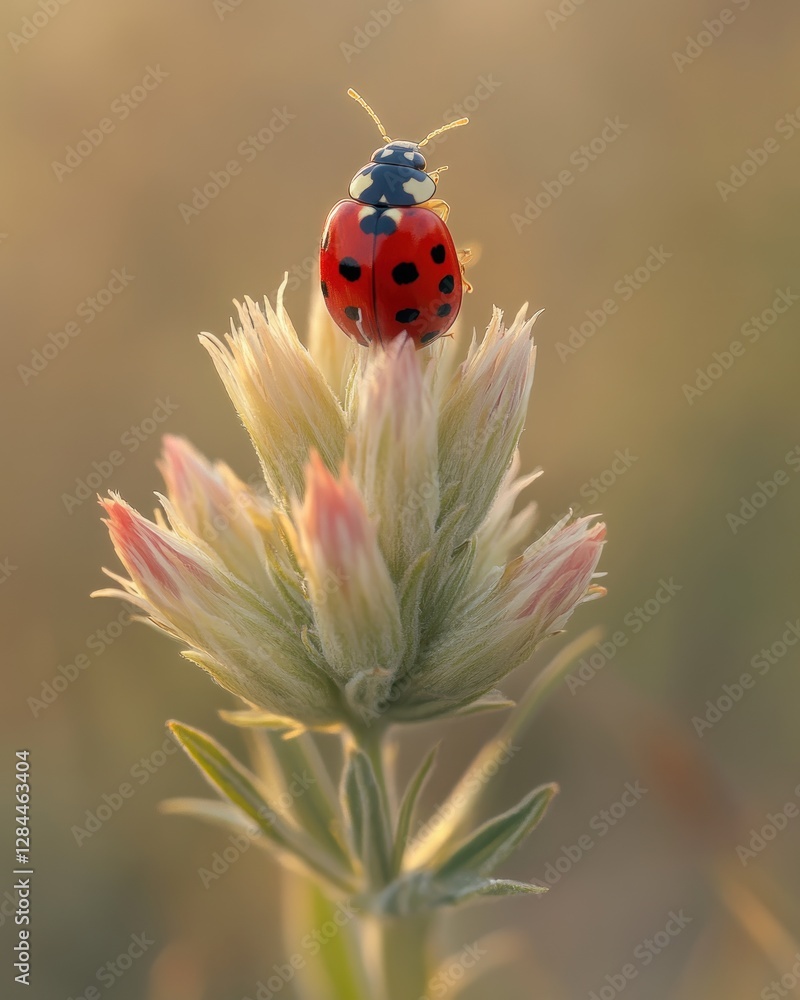 Fototapeta premium A ladybug perched atop a delicate, pale pink flower bud, bathed in soft golden light.