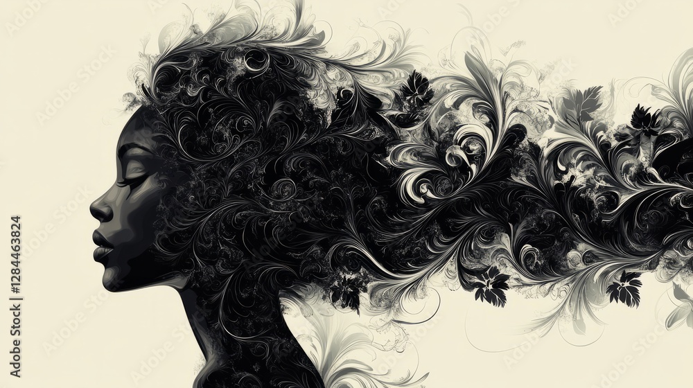Fototapeta premium An intricate design of a woman profile seamlessly transitioning into a cascade of floral elements 