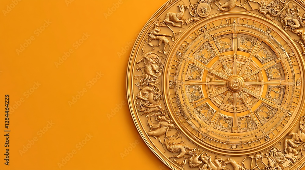 Naklejka premium Ornate Gold Zodiac Wheel on Mustard Yellow Background AI Generated