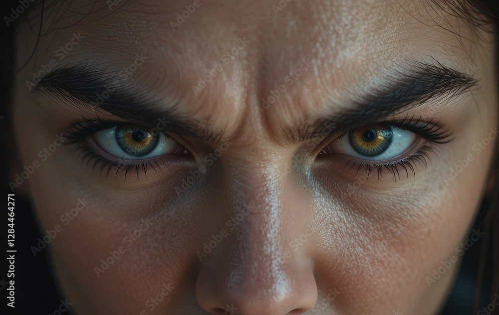 Fototapeta premium Close up of a woman face with fierce look, close up of woman's face with angry expression, woman's face with expression of anger
