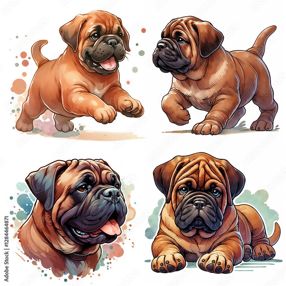 Obraz premium Cute and playful illustrations of adorable puppy bullmastiff in various poses and expressions
