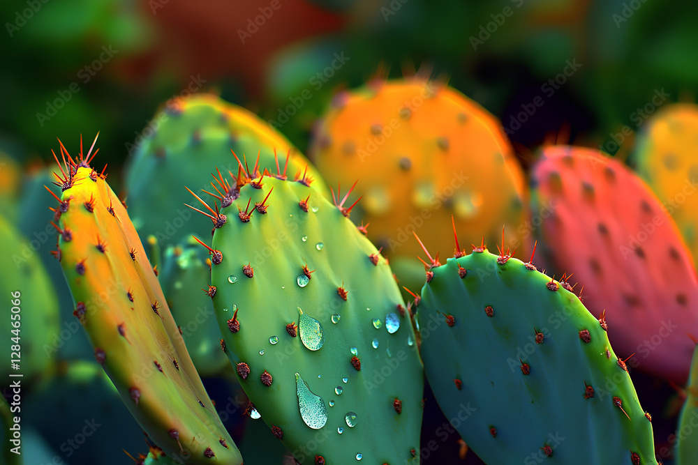 A beautiful scene of cactuses in the garden, with water droplets glistening on their spines, captured with selective focus to highlight the intricate details A beautiful scene of cactuses in the garden, with water droplets glistening on their spines, captured with selective focus to highlight the intricate details