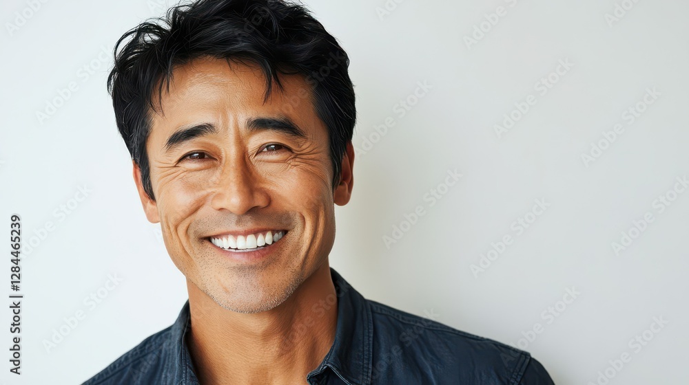 Smiling asian adult male with black hair against a white background Smiling asian adult male with black hair against a white background