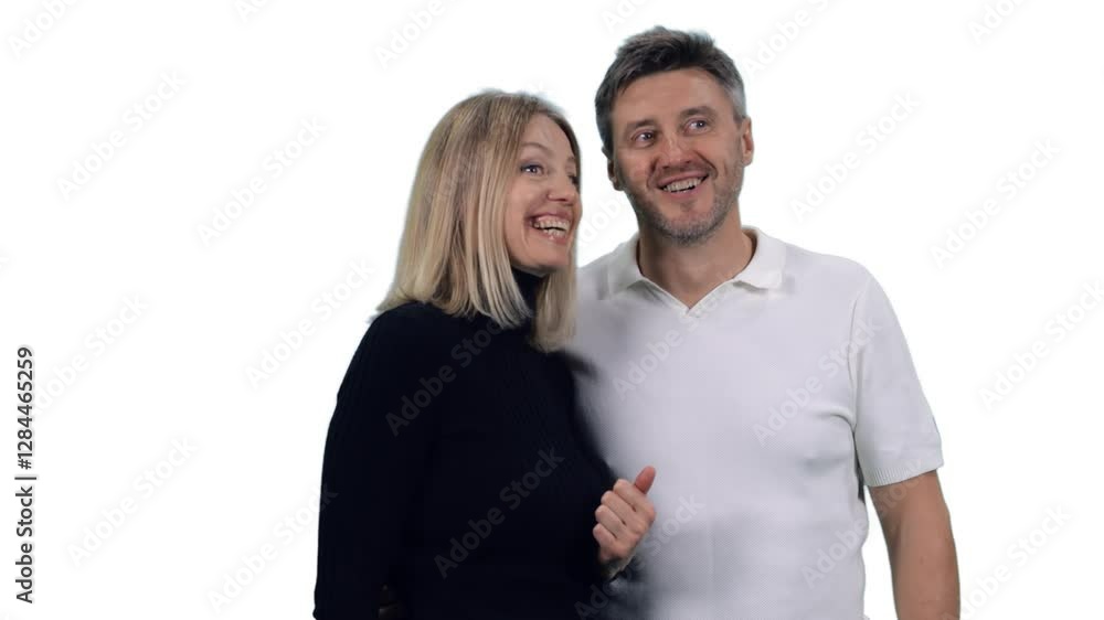Happy adult tourists couple looking at something and discussing, Full HD footage with alpha transparency channel isolated on white background Happy adult tourists couple looking at something and discussing, Full HD footage with alpha transparency channel isolated on white background