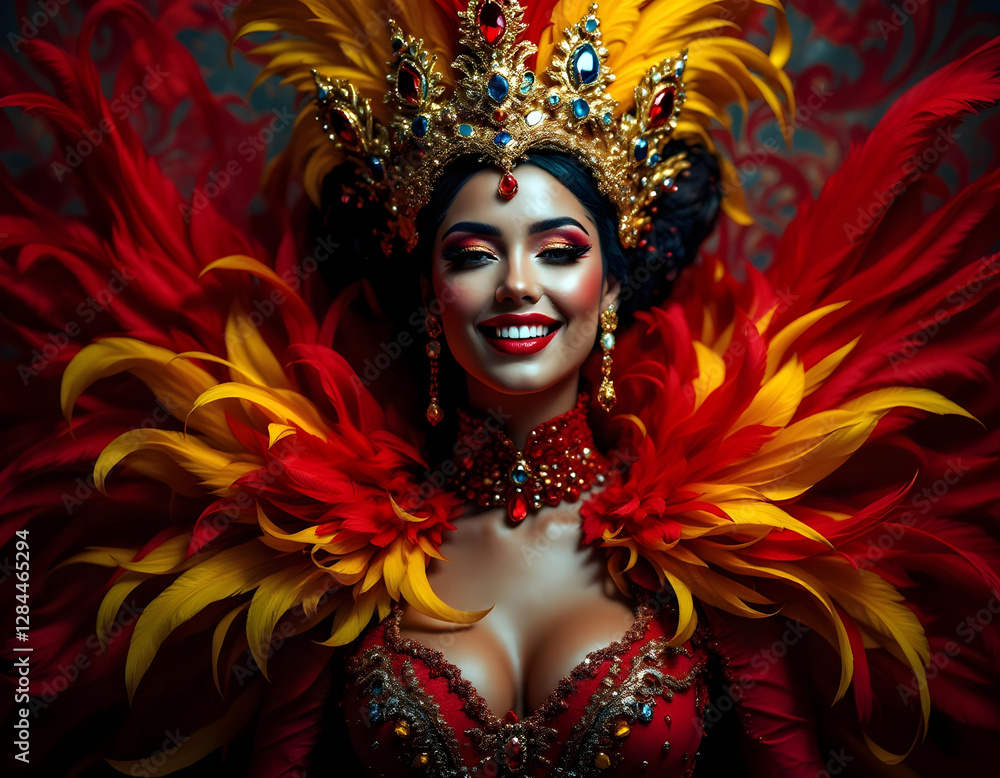 Fototapeta premium Brazilian Festival Beauty in a Luxurious Red, Gold, and Yellow Attire.