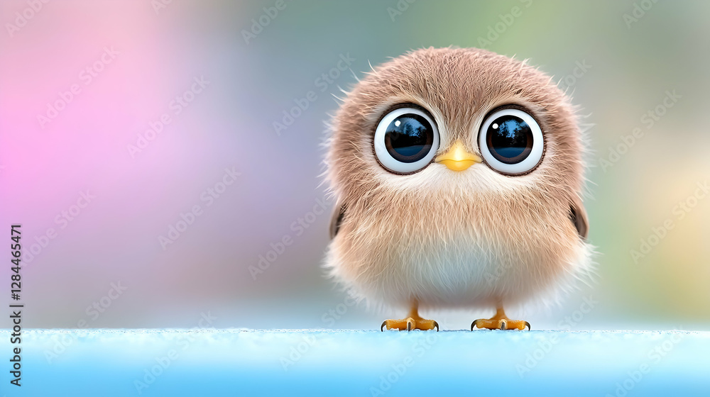 Obraz premium Cute fluffy owl chick on blue surface, pastel background; children's book illustration