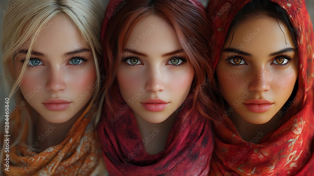 Obraz premium Three Women in Vibrant Orange, Pink, and Red Scarves Against a Neutral Background